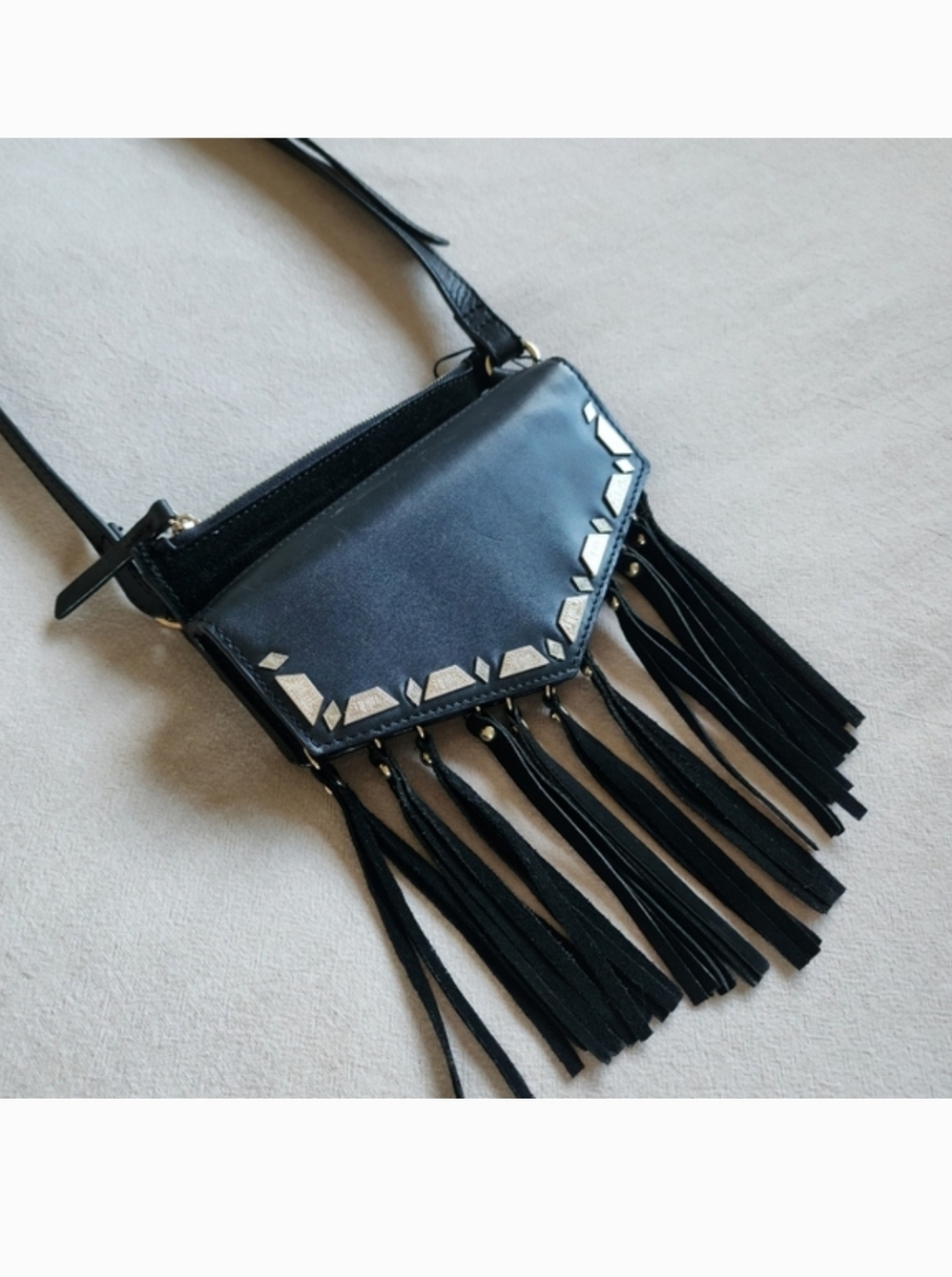 Zara Studded Fringe Genuine Leather Crossbody Belt Bag